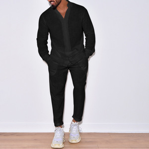 Polyester <b>Knitted</b> Breathable Casual Summer Solid Long Sleeve Shirt Overalls Long Pants Men's 2 Piece <b>Set</b> 320g - Product Image 5