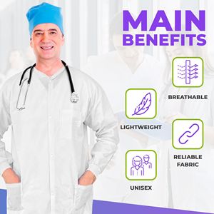 Camici Medici Monouso per Adulti, Confezione da 10, Bianchi, SMS, Lunghezza al Ginocchio, 40 GSM, Comodi Uniformi Ospedaliere - Product Image 5
