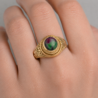 Anillo de Cabujón de Zoisita Rubí Natural, Chapado en Oro de 18K, Estilo Vintage, Joyería Hecha a Mano, Certificado por Terceros, MOKU JEWELLERY, Único