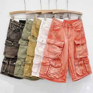 Shorts en jean cargo classiques d'été pour homme, en coton, coupe ample, style rétro, délavé soleil, jambe large, rose, haute qualité - Product Image 1