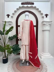 Embroidered Indian Pakistani Set Women Long <b>Top</b> Palazzo Dupatta Georgette Style Formal Wear Customizable - Product Image 3