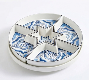 Premium <b>Marble</b> <b>Lazy</b> <b>Susan</b> With Star Divider Blue White Pattern Stackable Tableware Kitchen Storage Holder Modern Design - Product Image 1