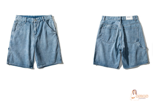 Shorts Bermuda en jean taille haute pour homme, bleu uni, en coton, décontracté, avec fermeture boutonnée et poches, tissu délavé - Product Image 3
