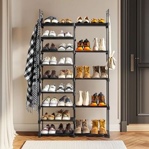 "9-Layer Iron Pipe <b>Shoe</b> Rack with PP Pad & Plastic 85.7*29.8*158cm Black Non-Woven Dustproof <b>Shoe</b> <b>Storage</b>" - Product Image 1