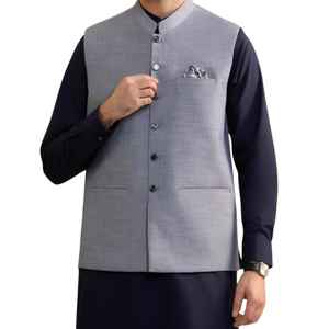 Chaleco de traje de un solo botón para hombre, chaleco de poliéster personalizado en color gris brillante con estampado paisley, chaleco para adultos. - Product Image 1