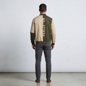 Blouson bomber vert kaki pour homme, avec blocs de couleur, logo vertical, style streetwear décontracté, personnalisable, OEM ODM, vente en gros - Product Image 2