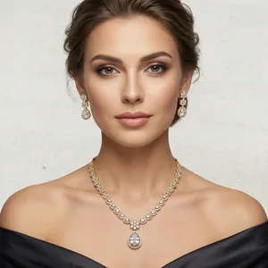 Conjunto de Collar y Pendientes de Latón Chapado en Oro Esmeralda con Diseño de Mehndi para Mujer, con Colgante de Corte Pera y Cadena de Eslabones, Joyería Casual para Fiesta - Product Image 3