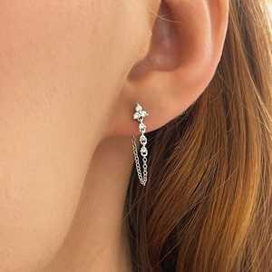 <b>Chain</b> <b>Stud</b> <b>Earrings</b> Lab Grown Diamond Wholesale 14k 18k Gold Round Cut Dainty Dangle Drop Delicate Minimalist Pair Manufacture - Product Image 2