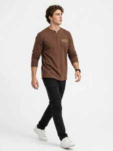 Oneten <b>Men's</b> Brown Long Sleeve <b>Henley</b> <b>Shirt</b> Casual Cotton Pocket Pullover Tee - Product Image 3