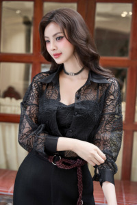 Camisa Transparente de Encaje Floral para Mujer con Top de Encaje a Juego, Blusa de Manga Larga con Botones, Estilo Casual CHERISH - Product Image 4