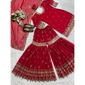 Conjunto de Traje de Fiesta para Mujer de Diseñador, Incluye Top, Sharara, Plazzo y Dupatta - Product Image 5