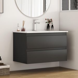 Mobile Bagno Sospeso da 32 Pollici con Doppio Cassetto, Ante Arrotondate, Sistema Soft-Close, Lavabo in Ceramica, Nessun Montaggio Hardware Richiesto - Product Image 1