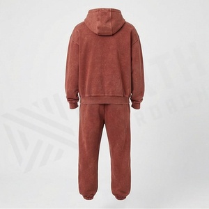 Stacked Acid Wash Cotton <b>Tracksuits</b> Puff Printing Logo Zipper Hoodie And Flared Trouser Track Suit For Men Sportwear - Product Image 2