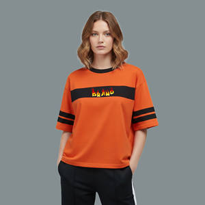 Customized Women's Orange Short Sleeve Crew Neck T-<b>Shirt</b> With Black Stripes And <b>Flame</b> Logo Print Loose Fit Casual Spring Summer - Product Image 4