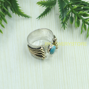 Bague ajustable artisanale en pierre turquoise, argent sterling 925 et laiton, style ethnique bohème tribal, bijoux de créateur pour femmes - Product Image 2