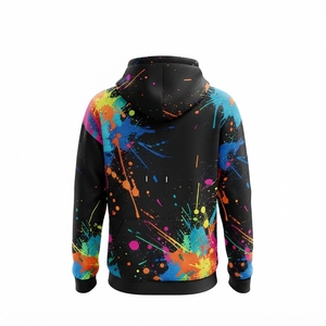 Sweat-shirt à capuche noir pour homme avec imprimé graphique de gouttes de peinture colorées, streetwear personnalisé - Product Image 4