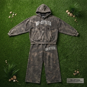Conjunto de Sudadera con Capucha y Pantalones Deportivos para Hombre, Color Marrón Grisáceo, Estampado Botánico, Cierre de Cremallera, Corte Holgado, Estilo Urbano, Personalizable OEM ODM, Venta al Por Mayor - Product Image 5