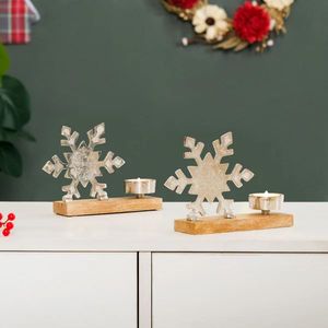 Snowflake Candle Holder Set of 2 Metal Traditional Handicraft <b>Christmas</b> Decorations - Product Image 1