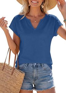 Women's V-<b>Neck</b> Solid Color Cotton Summer Top Casual Short Sleeve Top Blue - Product Image 2