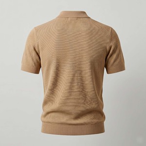 เสื้อเชิ้ตผู้ชายขายส่ง ผ้าฝ้าย 100% พิมพ์ลายถัก สำหรับเสื้อเชิ้ตแขนสั้น ผ้าเนื้อวินเทจสีแทน พร้อมลายปัก ชายเสื้อและปลายแขนแบบริบ - Product Image 6