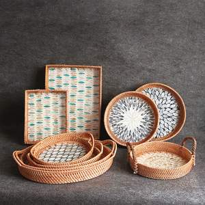 Handmade natural rattan round serving tray with Mother of Pearl inlay for coffee table decor from Vietnam - Product Image 4