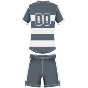 <b>Charcoal</b> Grey White Short Sleeve Rugby Uniform Set Crew Neck Striped Rugby Jersey Drawstring Shorts Athletic Performance Team - Product Image 2