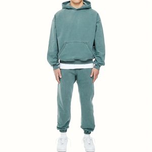 Conjunto Deportivo Unisex Verde Sólido con Capucha, Sudadera de Manga Larga y Pantalones, Corte Regular Informal, 100% Algodón Felpa, Ecológico, para Invierno - Product Image 3