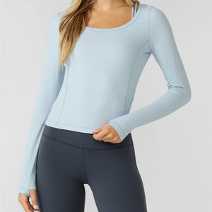 Body Fit Long Sleeve Shirt Women Activewear Yoga Long Sleeve <b>Thumb</b> Hole <b>Cuff</b> Crop Length Loose Solid Pattern Compression - Product Image 1