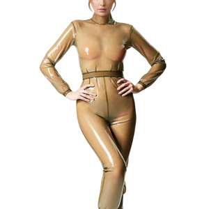 Combinaison moulante transparente en PU à manches longues pour femme, taille haute, longueur intégrale, style clubwear avec ceinture - Product Image 1