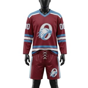 Men <b>Red</b> Sublimated Ice Hockey Jersey Shorts Set Polyester V Neck Printed Sports Uniform Match Training Team Wear Apparel - Product Image 1