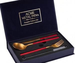 Red Handle Cutlery <b>Set</b> With Chopstick And Matte Gold PVD Head For Outdoor Dining Office <b>Lunch</b> Camping Wedding And Travel - Product Image 4