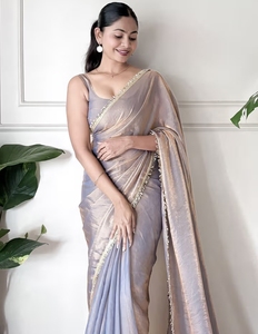 KV Women's <b>Paper</b> Silk Grey Embellished Saree With Unstitched Blouse - Product Image 1