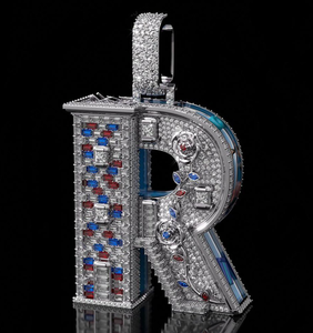 Pendentif Hip Hop en Argent Sterling 925 avec Moissanite, Lettre R, Sertie de Pierres Brillantes Rondes, Plaqué Or Rhodié, Certifié Unisexe - Product Image 1