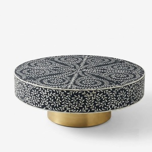 Mesa de Centro Redonda Moderna para Sala de Estar, Hecha a Mano, con Incrustaciones de Hueso en Forma de Panal Geométrico en Blanco y Negro - Product Image 6