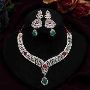 Luxury Diamond Style Necklace Set Ruby Emerald CZ 22K Gold Plated Brass Wedding Jewelry for Women - Product Image 1