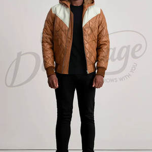 เสื้อแจ็คเก็ตหนังสองสี แทนและขาว แบบพัฟเฟอร์  บุผ้าแบบไดมอนด์ควิลท์ มีฮู้ด  เสื้อโค้ทกันหนาวบุใยอุ่น  เสื้อแจ็คเก็ตบอมเบอร์ - Product Image 4