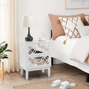 Comodino Bianco a Due Pezzi 45*30*60cm in MDF Verniciato a Spruzzo con Specchio Fumé e Due Cassetti Intagliati - Product Image 4