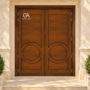 Puerta de Entrada Doble de Madera Sólida Moderna GA-41L, Diseño Escandinavo con Ranuras Circulares para Villa de Lujo, Directo de Fábrica - Product Image 5