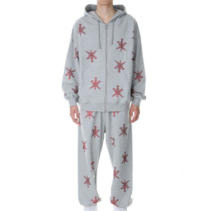 Conjunto Deportivo Unisex Gris con Capucha, Estampado de Estrella Roja, Cremallera Completa en las Mangas, Ropa Casual de Otoño, Transpirable, con Pedrería - Product Image 2