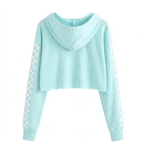 Sudadera Corta Azul Claro para Mujer, Diseño de Manga a Cuadros, Estilo Casual para Primavera, 100% Algodón Tejido - Product Image 2