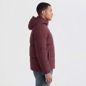 Men's <b>Burgundy</b> Hooded <b>Puffer</b> <b>Jacket</b> Zipper Closure Windproof Winter Outerwear Casual Regular Fit Solid Color Thick Polyester - Product Image 3