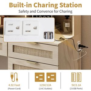 Large LED Lighted Mirror <b>Makeup</b> <b>Vanity</b> Table Set with Charging Station Glass Doors Drawers-for Your Daily Beauty Routine! - Product Image 2