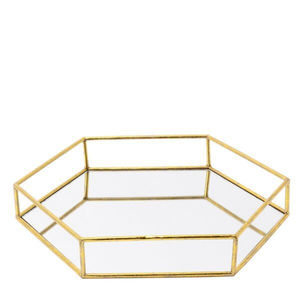 Bandeja de espejo hexagonal vintage al por mayor con marco de metal con acabado dorado para organizar joyas y maquillaje, y decoración de mesa para el hogar. - Product Image 5