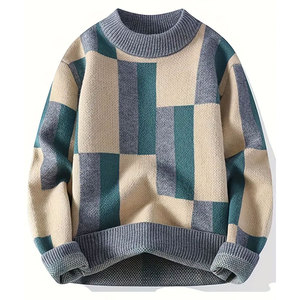 Pull en laine/acrylique respirant pour homme, à manches longues, pour l'hiver, design bicolore noir, gris et blanc - Product Image 2