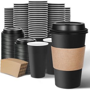 Confezione da 100 Bicchieri di Carta Neri da 16 oz con Coperchi e Manicotti, Monouso per Bevande Calde da Asporto, per Casa e Caffetterie - Product Image 1