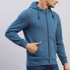 Sudadera con Capucha Azul para Hombre, Cierre de Cremallera, Corte Regular, Felpa Francesa, Color Sólido, Informal, para Otoño - Product Image 5