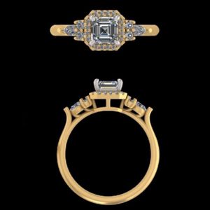 Stunning Asscher Cut Diamond Halo Engagement <b>Ring</b> with Cluster Side <b>Stones</b> <b>Two</b> Tone Gold Anniversary Wedding Band for Women - Product Image 3