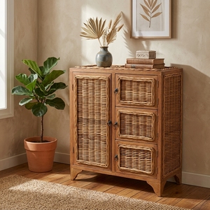 New Modern Minimalist Lombok Wooden <b>Storage</b> Cabinet Natural Rattan Wicker 1 Large Door 3 Drawers Side Table Unit Living Room <b>Bed</b> - Product Image 3