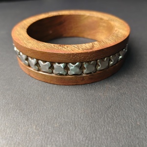Contemporary Wood Bangle with Metallic Silver <b>Bow</b>-Tie Link Inlay - Designer Inspired Chunky <b>Wooden</b> Bracelet - Bold Statement - Product Image 5