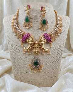 Elephant And Lakshmi Motif Temple <b>Jewellery</b> <b>Set</b> With Matching Earrings Traditional Wedding Festive Wear Temple Jewelry Wholesale - Product Image 5